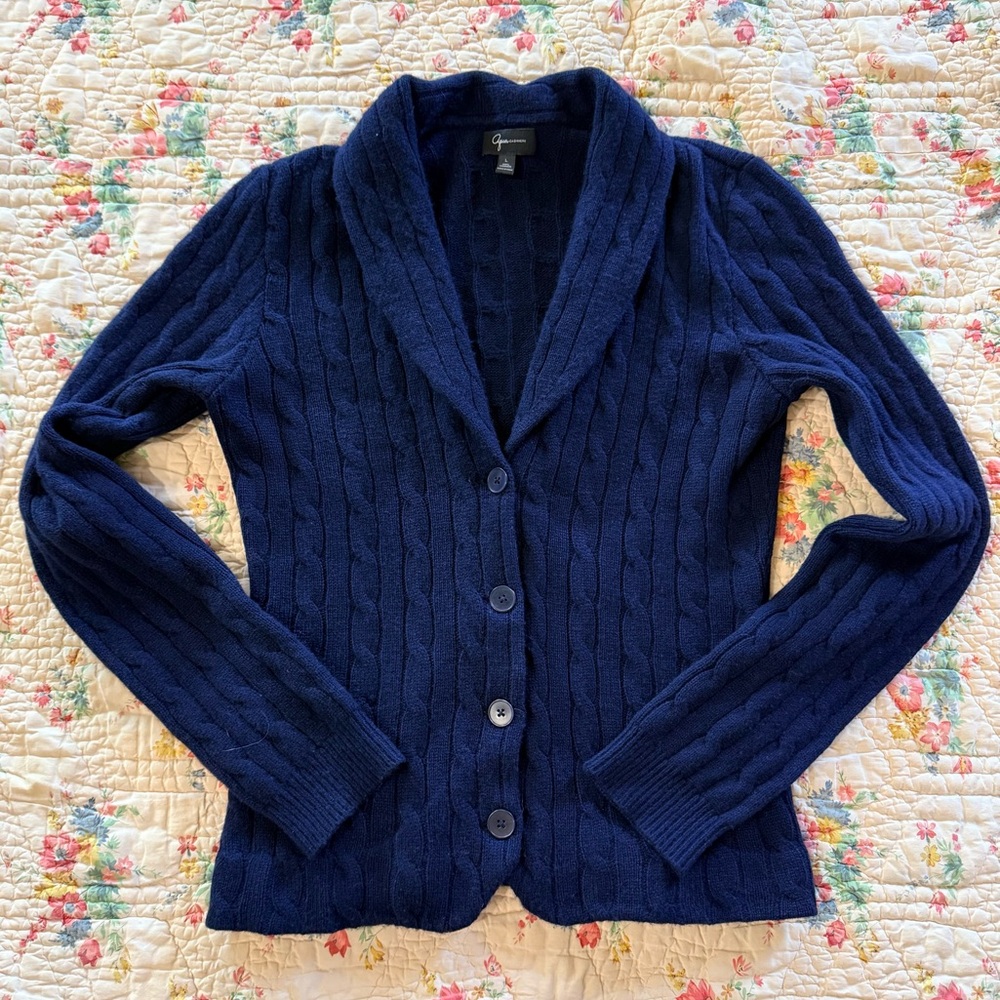 Aqua Cable Knit Shawl Collar Cashmere Cardigan Navy - Large